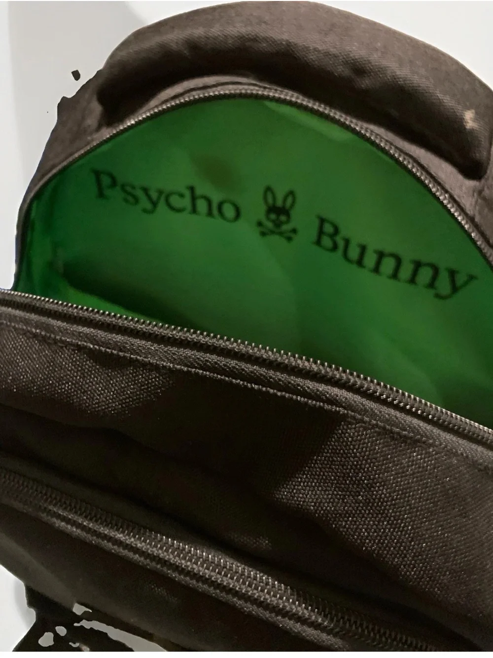 Psycho Bunny Black Backpack Green Lined Zip Skull Bunny Logo Padded Strap